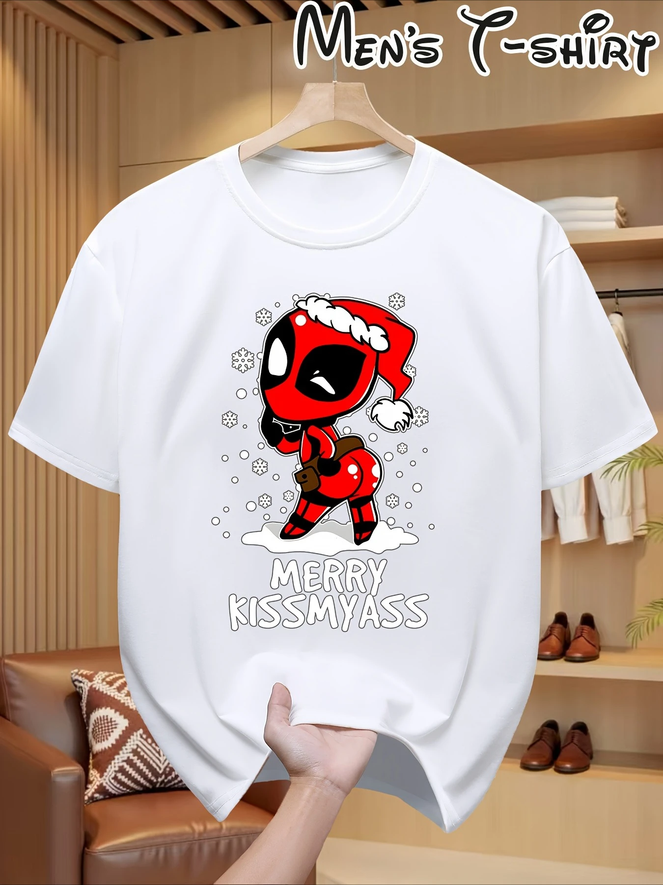 تي شيرت مارفل للرجال Deadpool Christmas - تصميم كوميدي مضحك "Merry Kissmyass" باللونين الأحمر والأبيض مع Deadpool As Deathstroke، Casua
