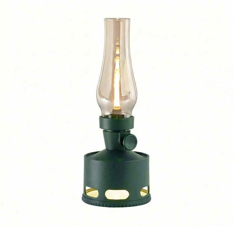 Vintage LED Battery Table Lamp, Cordless Flameless Oil Lantern, 10-Level Dimmable Night Light with Blow & Tilt Control