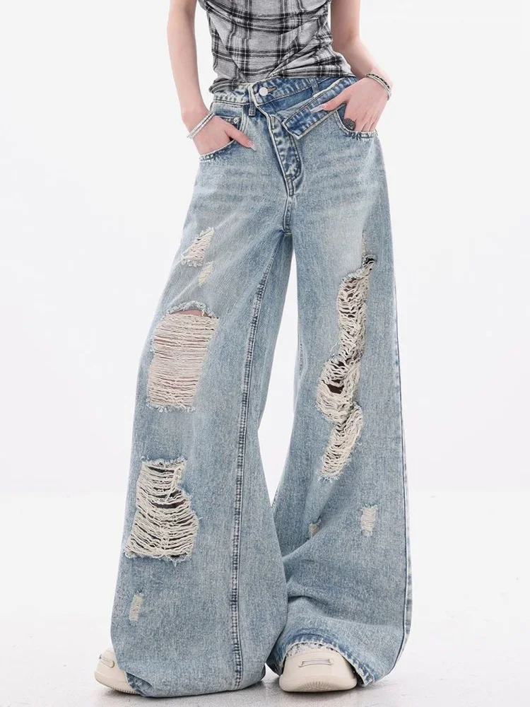 

Women Streetwear Hole Jeans Vintage High Waist Loose Hip Hop Y2K Denim Pant Casual American Retro Female Design Pockets Trousers