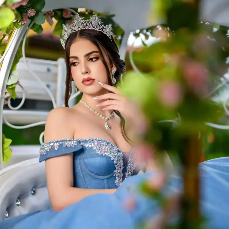 Vestido De baile De princesa con lentejuelas azul cielo, Vestido De quinceañera encantador, apliques clásicos, cuentas De encaje, Tull De cristal, dulce 16