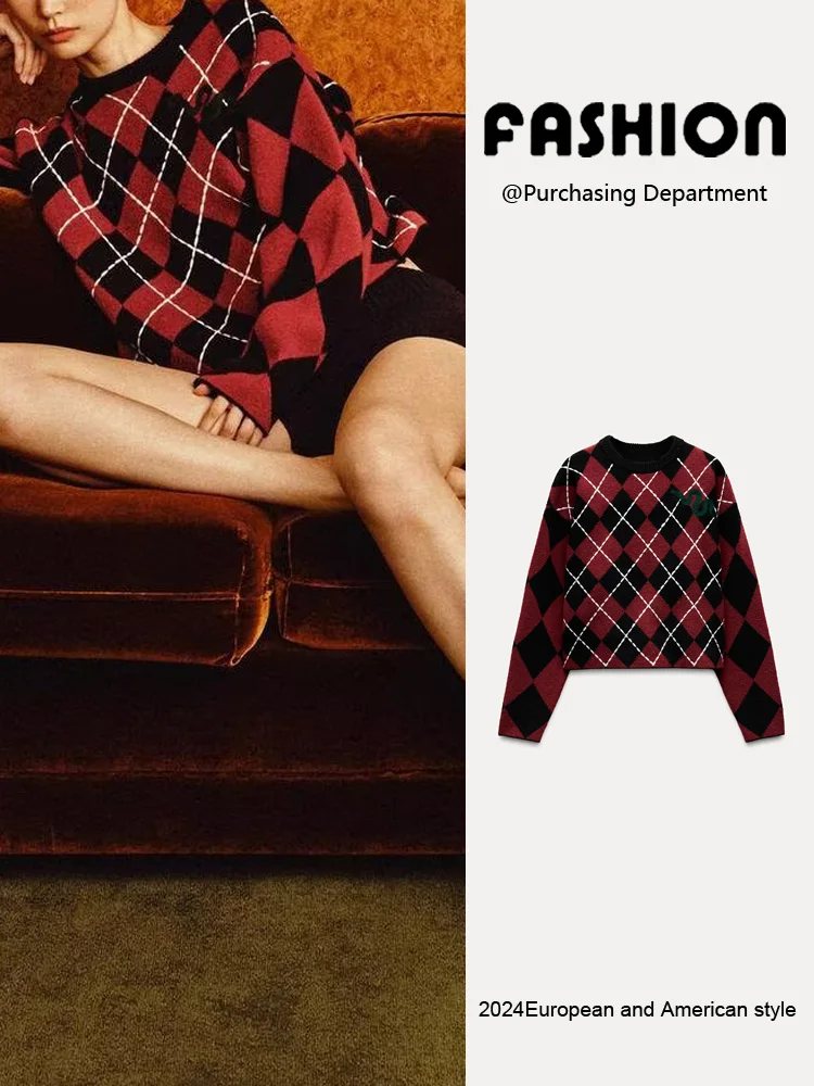 

Spring New Arrival Women's Faion Casual Diamond Pattern round Ne Long Sve Knitted Sweater Comfortable Commute Sle