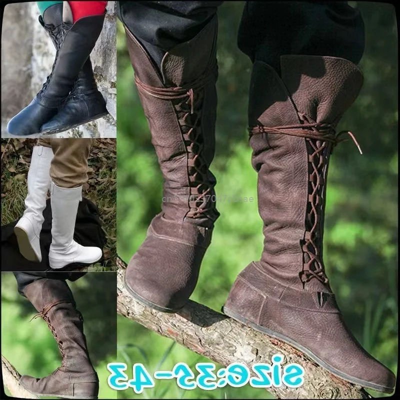 Retro Medieval Women Princess Men Prince Knight Cosplay Boots Halloween Carnival Gothic Boot Party High Tube Bandage Shoes 2026