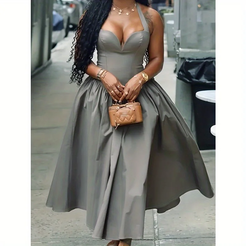 

Gray Sleeveless Backless Long Holiday Sling Pleated Off-shoulder Dress