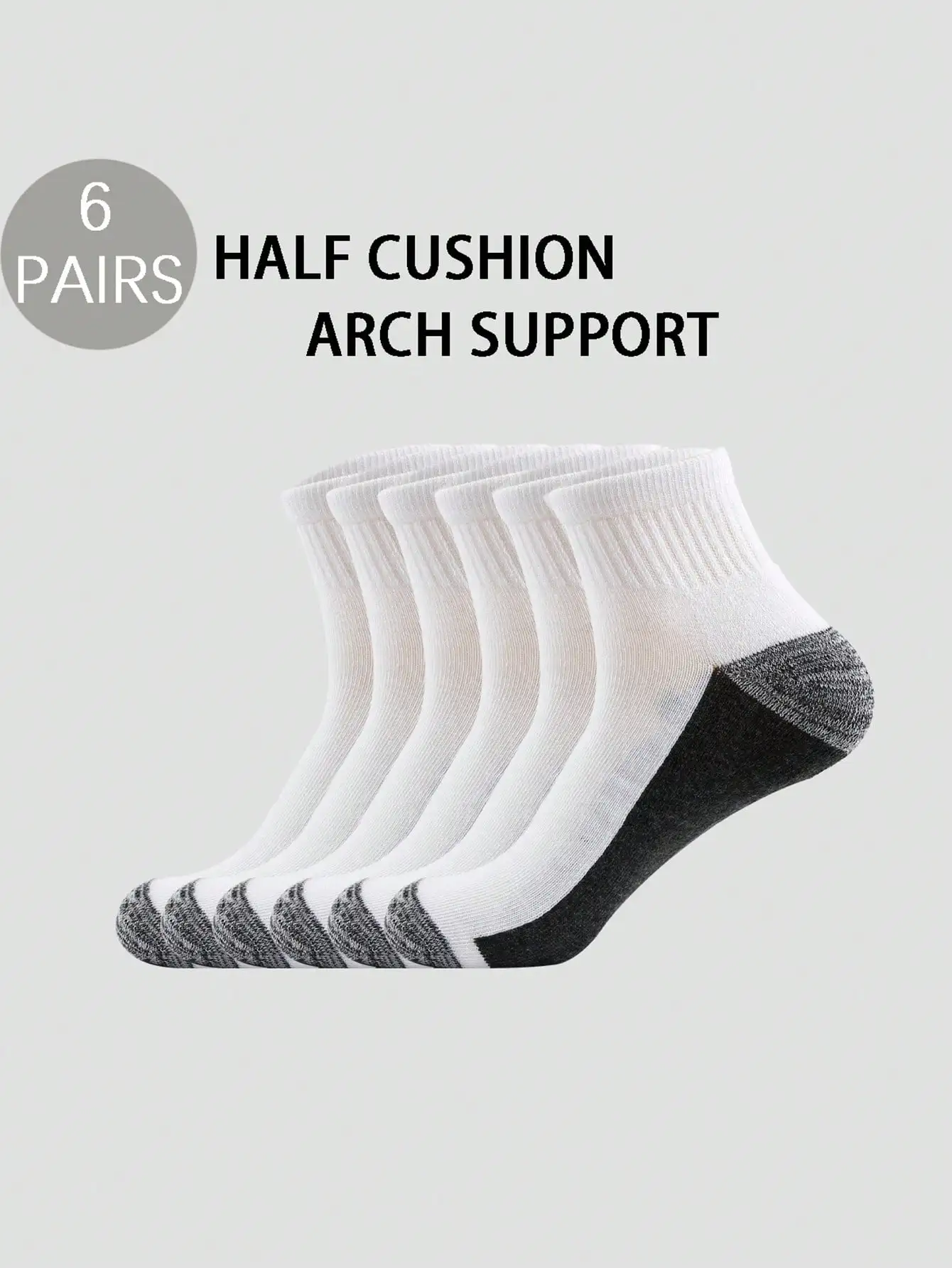 6Pairs Men Half Cushion Ankle Socks Arch Support Contrast Heel Breathable Sport Daily Short Socks