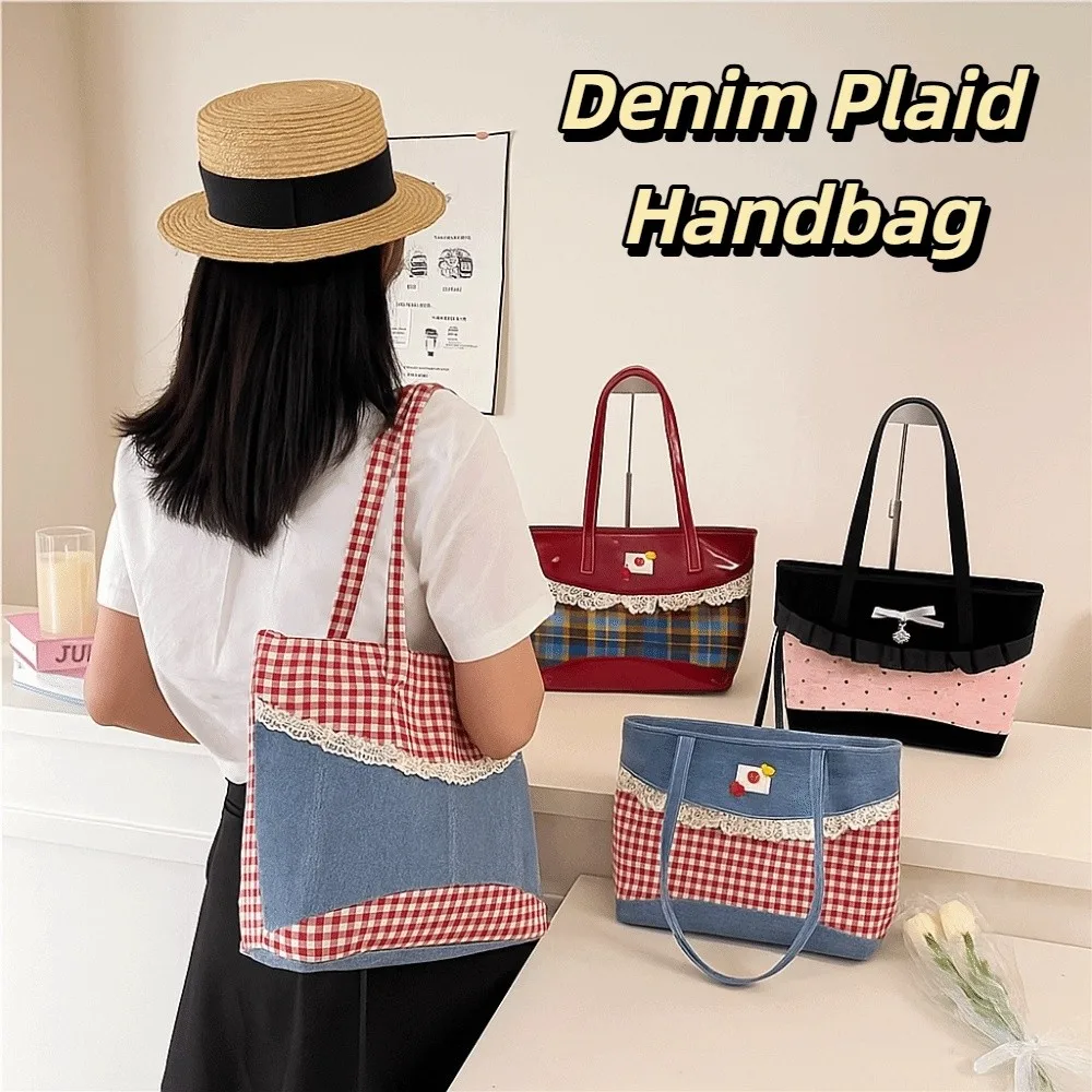 

Retro Lattice Lace Bow Shoulder Bag Lovely Leisure Denim Plaid Handbag Vintage Rural Style Commuting Tote Bag Students