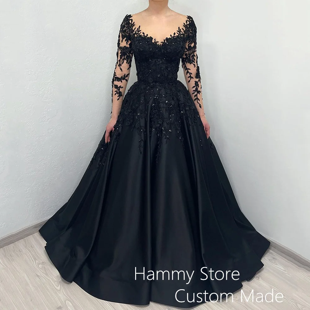 Long Sleeves Scoop Neck Black Wedding Dress Bride Dresses Customized Beading Sequined Applique A Line Satin Gothic Bridal Gown