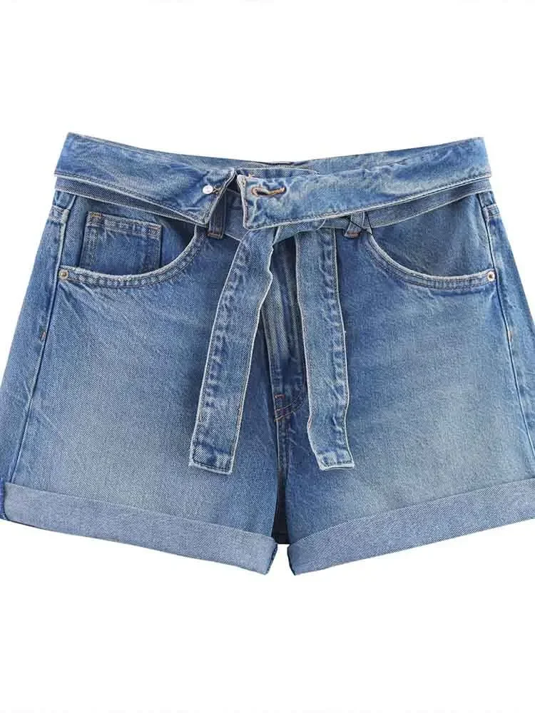 

European style new women's clothing fashionable and versatile temperament simple with belt high waist denim shorts
