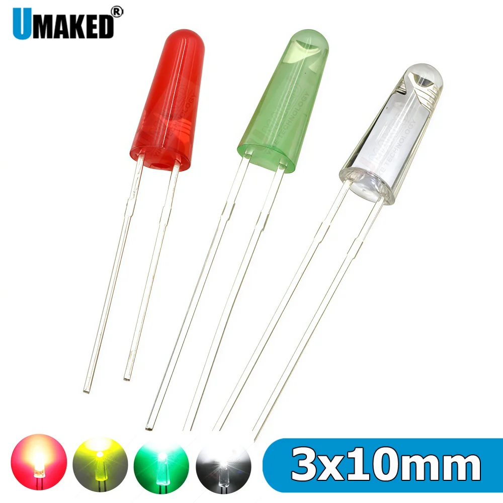 1000pcs 3x10mm cone shape LED Light diodes chips white red Emitting Diode Lamp Bright Color 2-3V Indicator DIP PCB Circuit Bulb