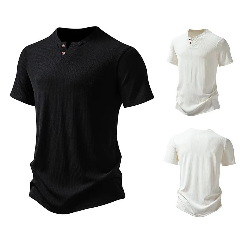 

2024 Summer Men's Pit Stripe Fabric 2-Button Design Short Sleeved T-shirt Minimalist V-neck Youth Casual T-shirt