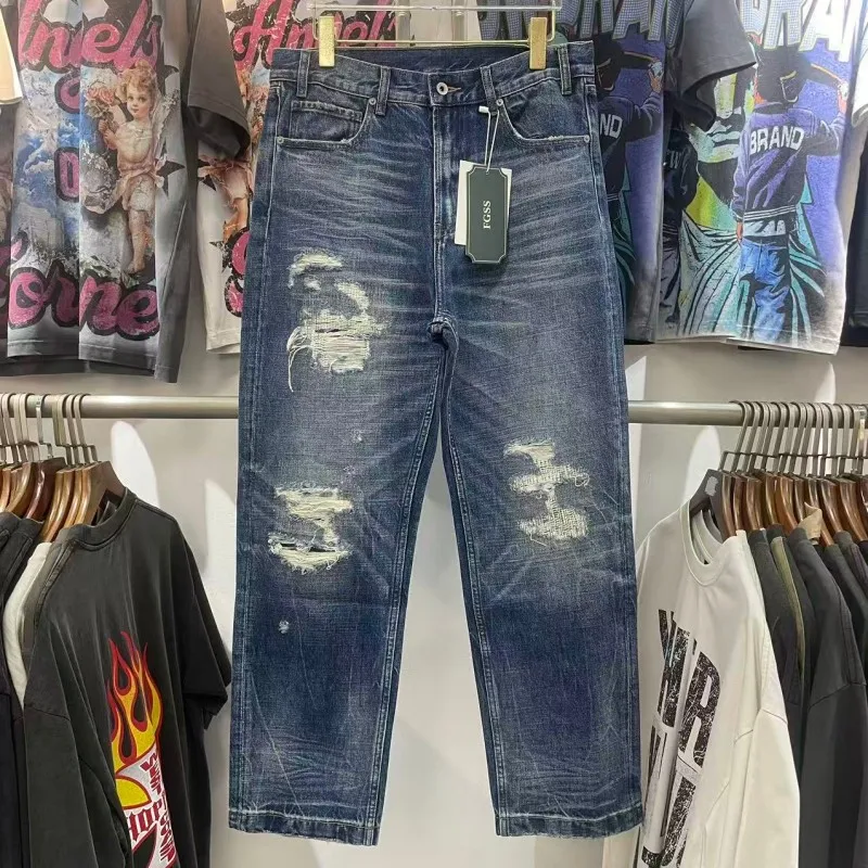 

Washed Handmade Destroyed Straight Leg Jeans Loose Fit Long Trousers for Men Casual Cotton Pants Youth Fashion