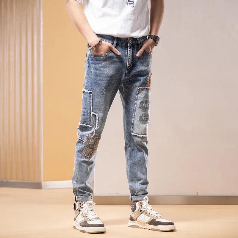 Street Fashion Men Jeans Retro Light Blue Elastic Stretch Skinny Spliced Ripped Jeans Men Patched Designer Hip Hop Pants Hombre