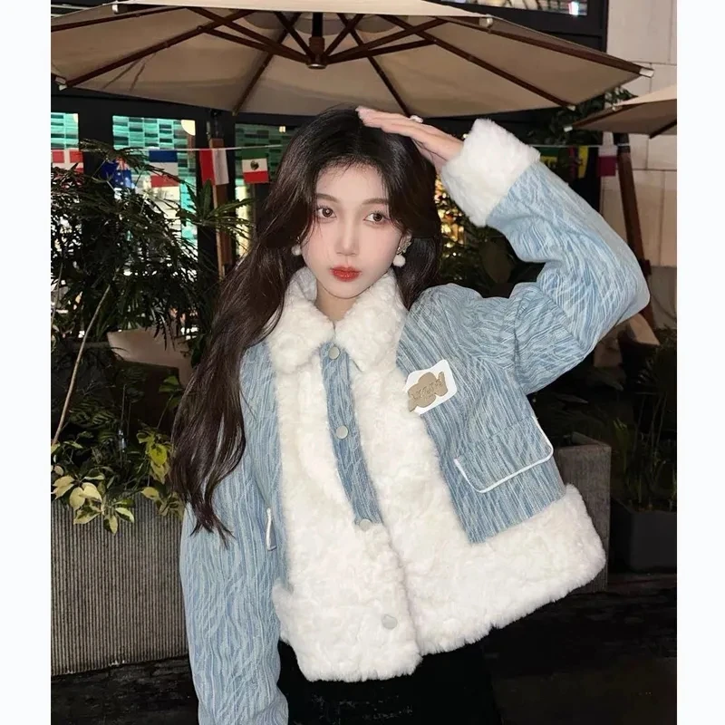 Vintage Casual Cropped Coat Women Fall Winter Lamb Wool Patchwork Long Sleeve Jacket Korean Loose Elegant Simple Button Outwear