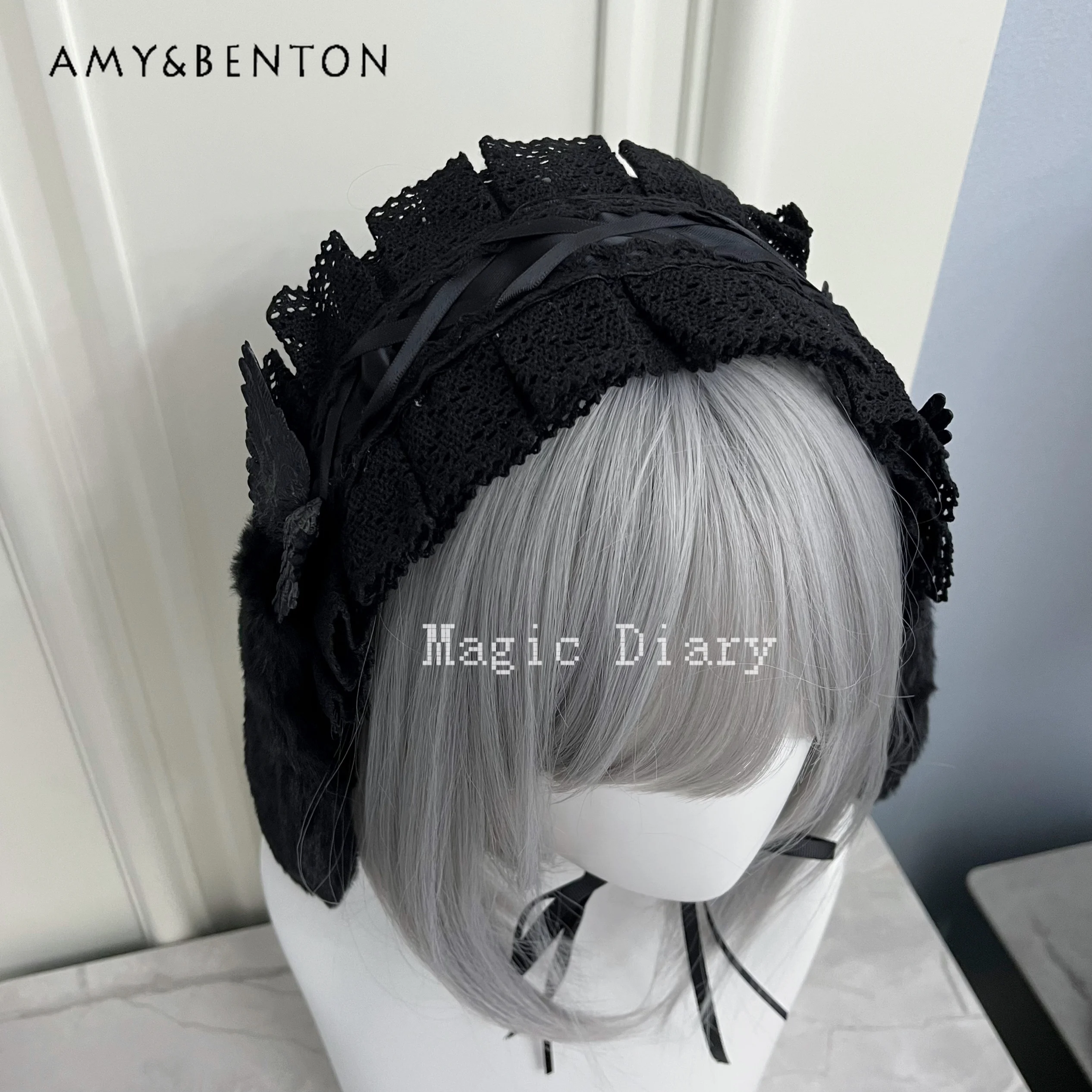 Japanese Harajuku Lace Stitching Lace-up Butterfly Plush Rabbit Ears Headbands Subculture Dark Goth Lolita Girl Hair Accessories