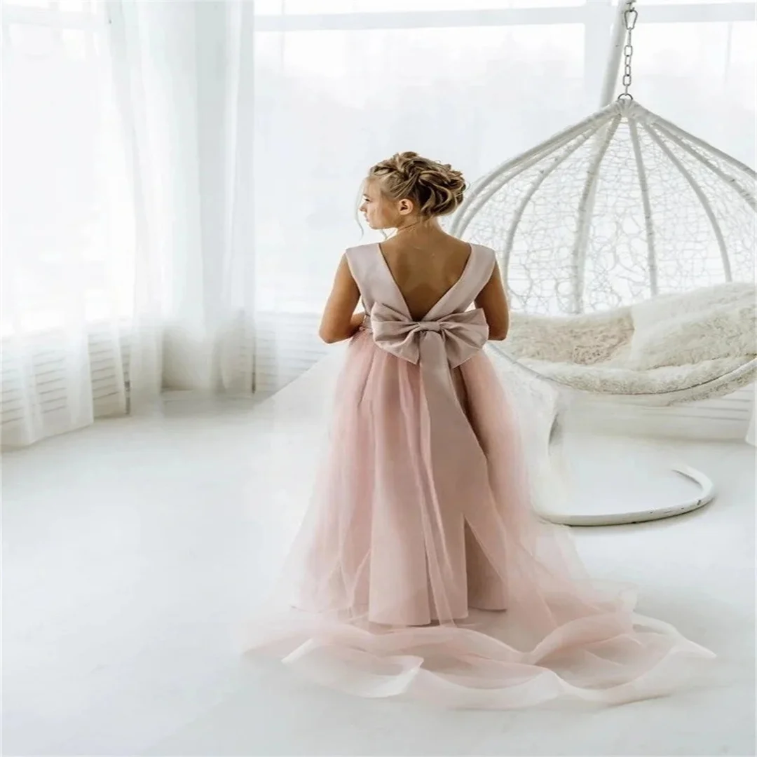Customized Pink Flower Girl Dress For Wedding Satin Backless With Bow Elegant Kids Quinceanera First Communion Bridesmaid Gown