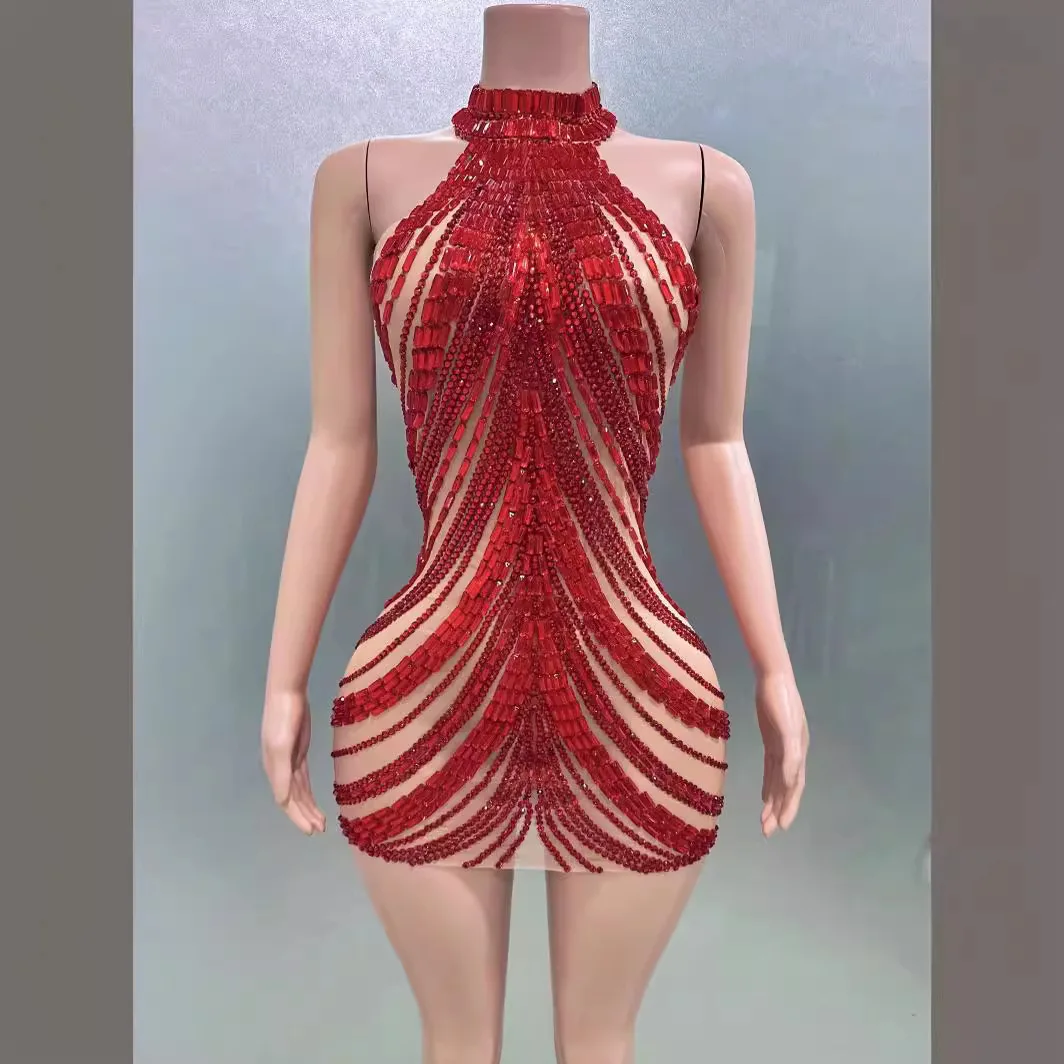 

Red Rhinestone Sexy Mesh Off-the-shoulder Dress Nightclub Birthday Party Tight Dinner Woman Dresses Elegant Party Beaded Dresses