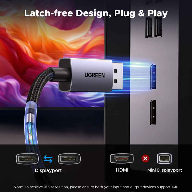 UGREEN Kabel DisplayPort DP 2.1 16K 8K 4K 60Hz HDR Kabel wideo-audio do komputera Laptop Monitor TV Projektor Kamera Display Port — zdjęcie produktu 6