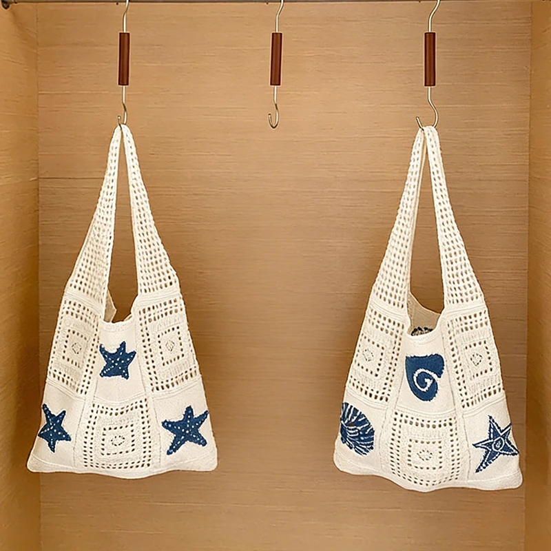 Designer-Stricktaschen mit großem Fassungsvermögen, Damen-Sommer-Strandtasche, lässige, hohl gewebte Unterarm-Umhängetasche – Detail 12