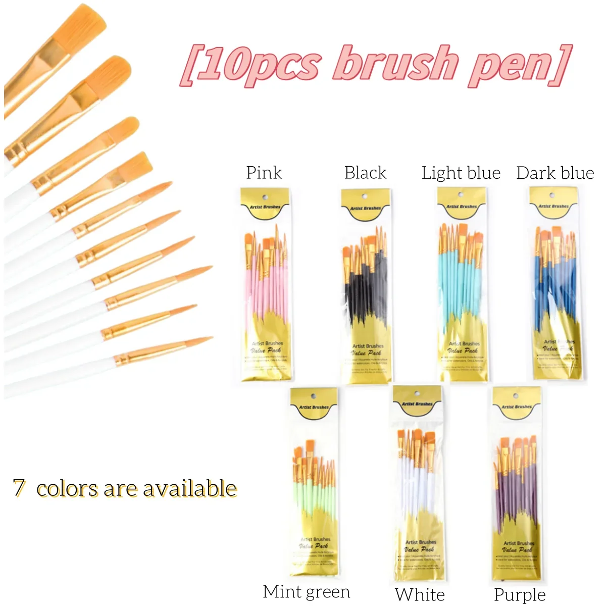10Pcs Plastic Short Rod Art Painting Watercolor Gouache Oil Brush Multi-color Multi-functional Nylon Hair Paint Brush Artist Set