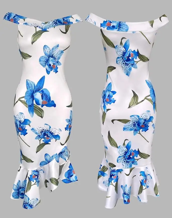 

Women's Sexy Fashion Dresses 2025 Summer Female Floral Print Off Shoulder Bodycon Dress Womens Casual Ruffle Hem Slim Fit Dress