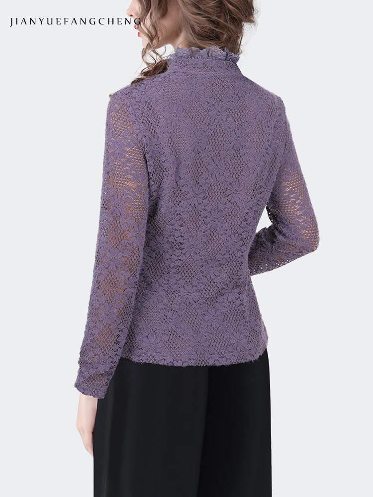 Fashion Ruffle Purple Lace Top Women Long Sleeve Stand-up Collar Hollow Out Floral Blouse Elegant Slimming Vintage Casual Shirts