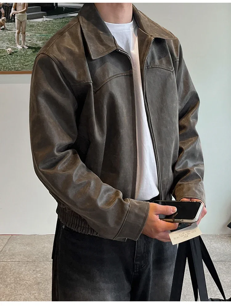 

Весенне-осенняя винтажная легкая потертая коричневая куртка из искусственной кожи, мужская повседневная корейская модная одежда на молнии на молнии