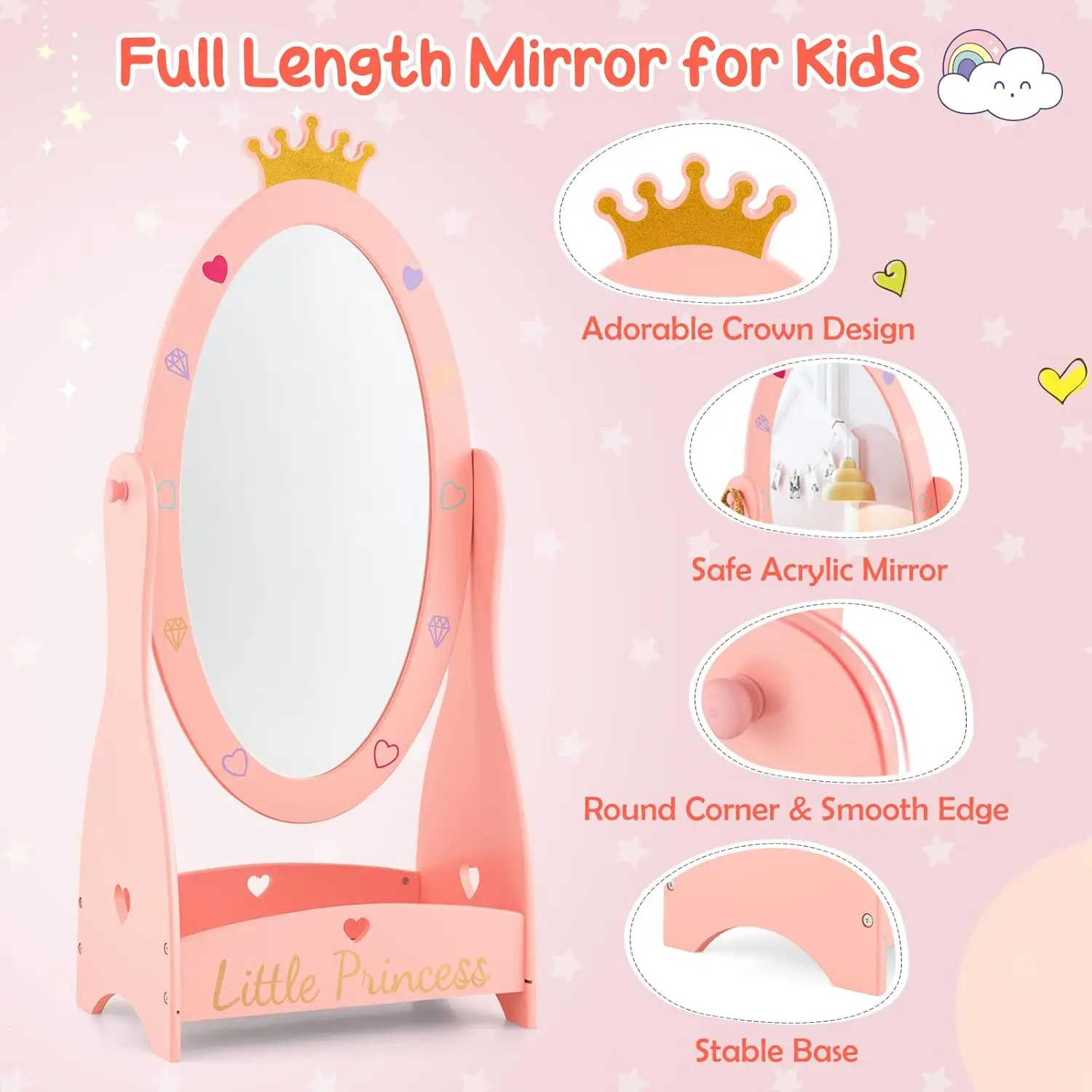 Kids Full Length Mirror, Princess Floor Free Standing Mirror w/Storage Shelf, 360 Degree Rotatable Oval Dressing Mirror w/Cute C