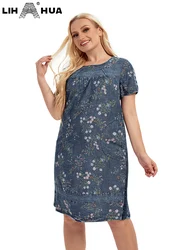 LIH HUA Woman's plus - talla de denim vestido de moda de otoño vestido elegante adecuado para el vestido de algodón tejido de mujeres redondas y gordas