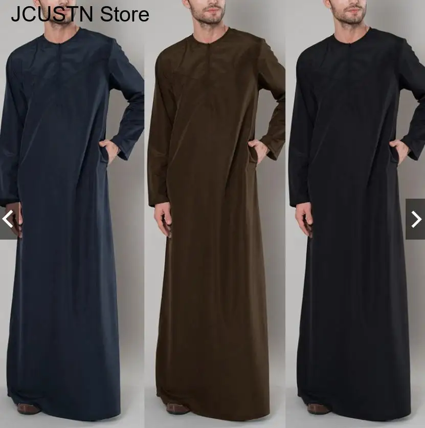 Plus Size 3Xl 4Xl 5Xl Men's Muslim Robe Long Sleeve Abaya Robes Solid Color Saudi Arabia Dress Zipper Shirt Round Neck T-Shirt