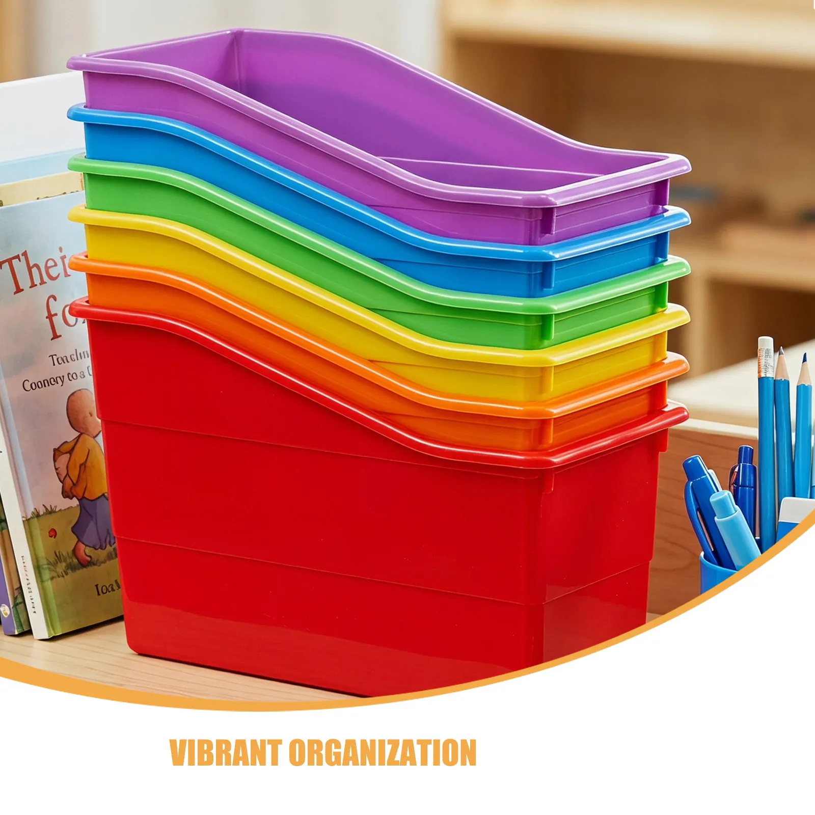 6Pcs Plastic Colorful Storage Crates Stackable Bins Classroom Organizer Baskets for Books Stationery Teacher Supplies Organizer