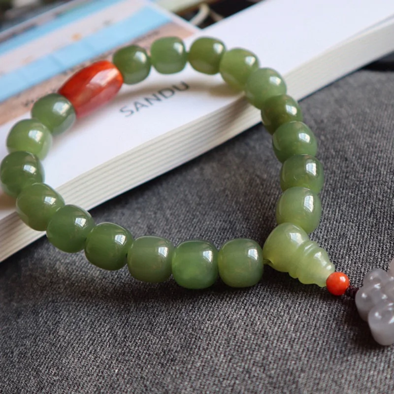 Hetian Jade Qinghai Green Bead with Three-Way Violet Knot Old Type Bracelet