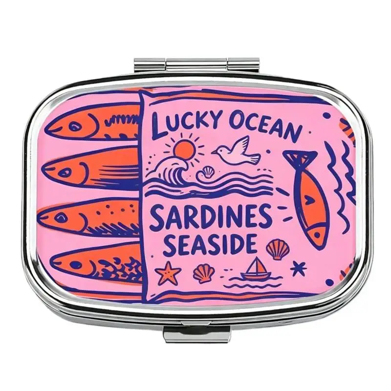 Portable Metal Pill Holder Unique Sardine Print 2 Compartment Small Medicine Storage Box for Travel Daily Carry