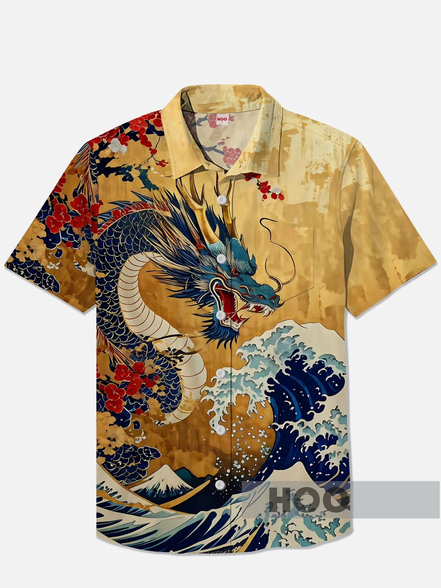 2026 Men's Shirt Ukiyo-e Dragon Wave Floral Print Short Sleeve Turn Down Collar Loose Summer Vacation Casual Tops Mens Clothing