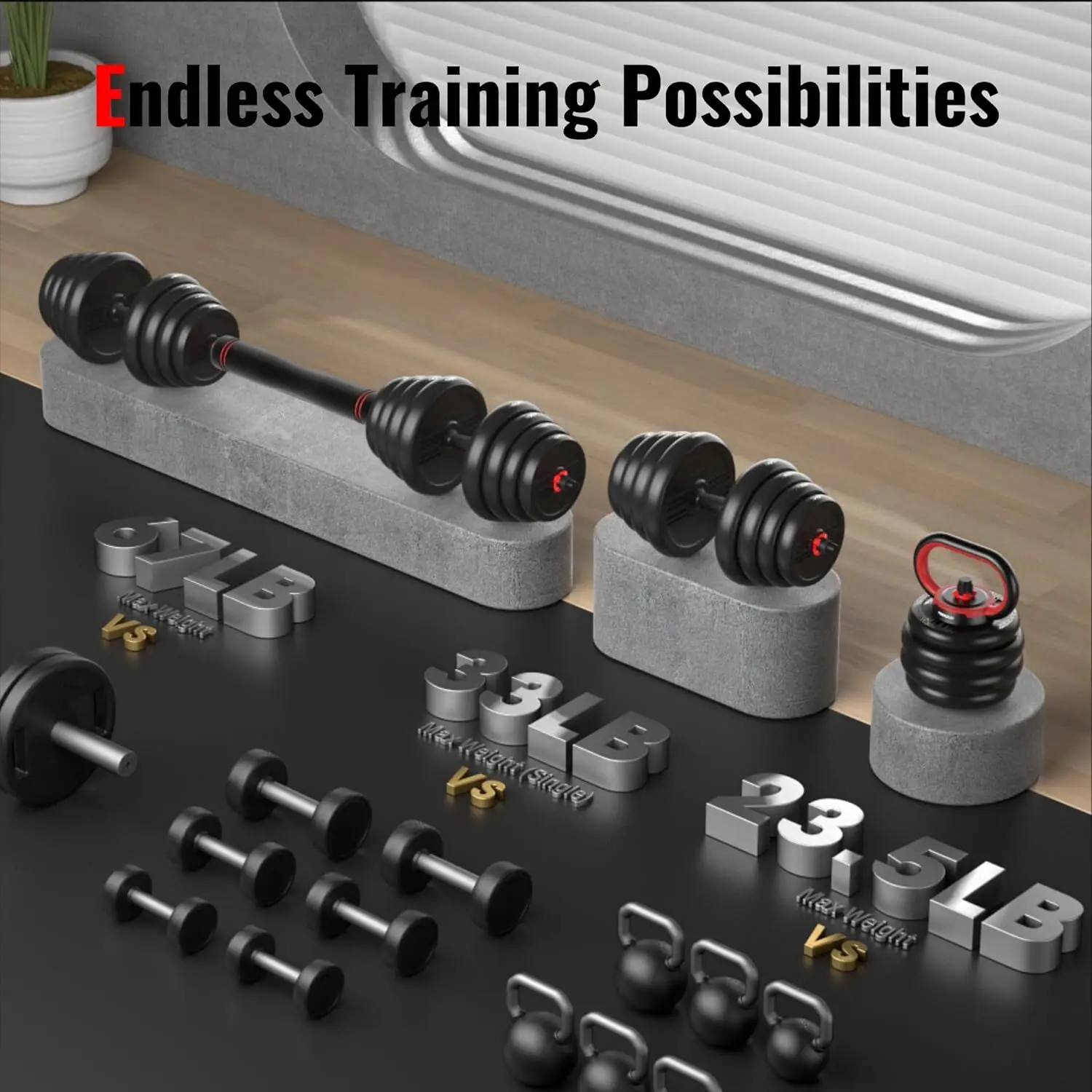 Adjustable Dumbbells, 20/30/40/50/70/90lbs Free Weight Set with Connector, 4 in1 Dumbbells Set Used as Barbell, Kettlebells