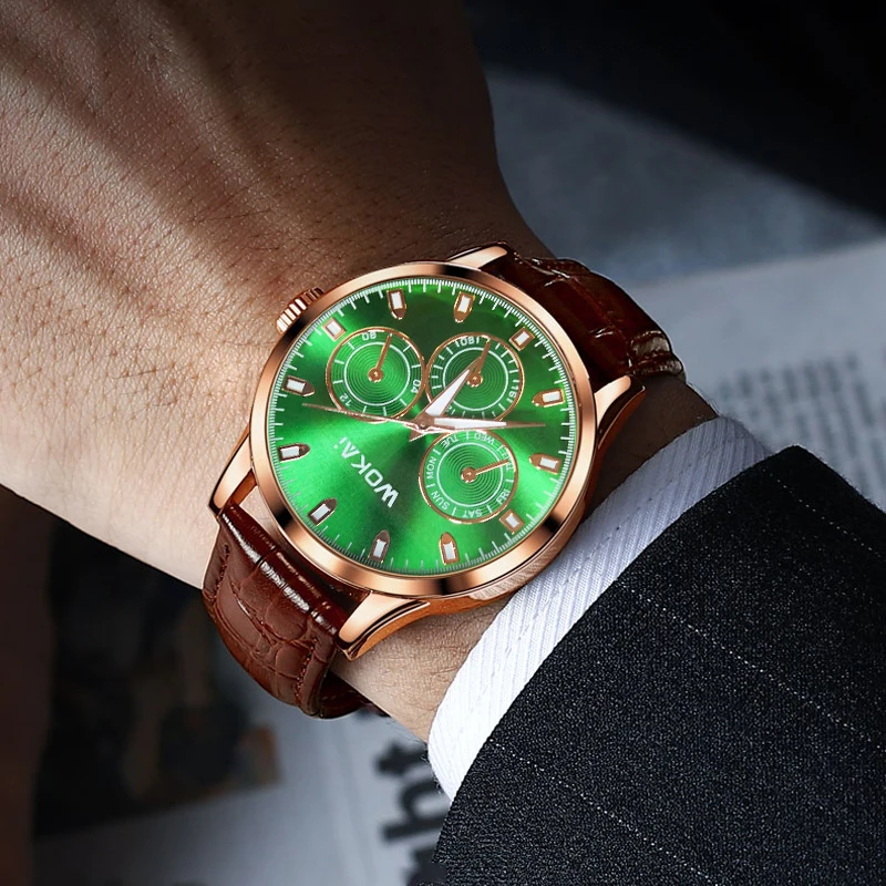 WOKAI high quality fashion waterproof quartz band waterproof Wrist watch Business Green Three Eyes Student Clock retro