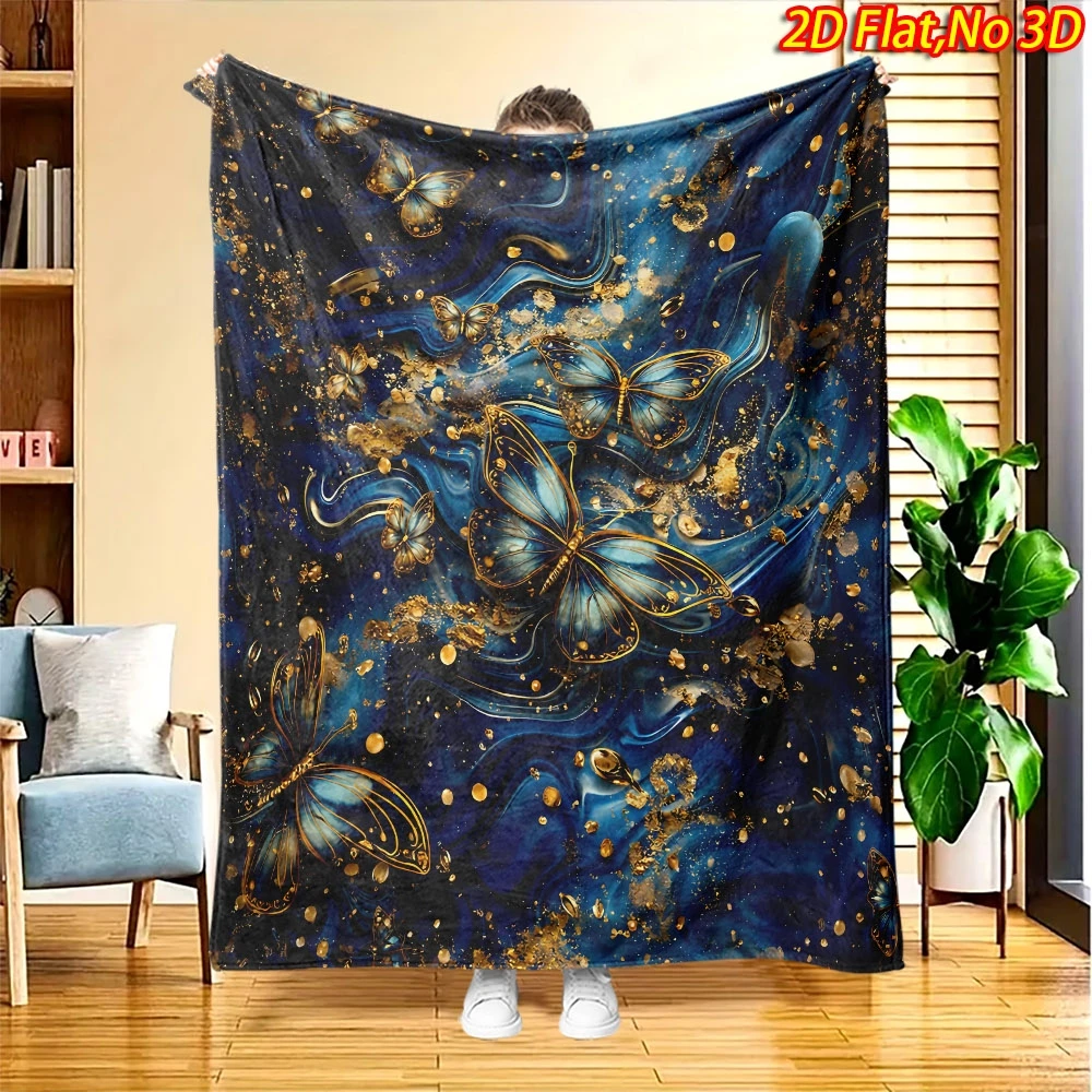 Liquid Marble Gold Foil Butterfly Print Blanket, Cozy Light Flannel Throw Couch Office, Deep Blue Elegant Art Daily Home Blanket