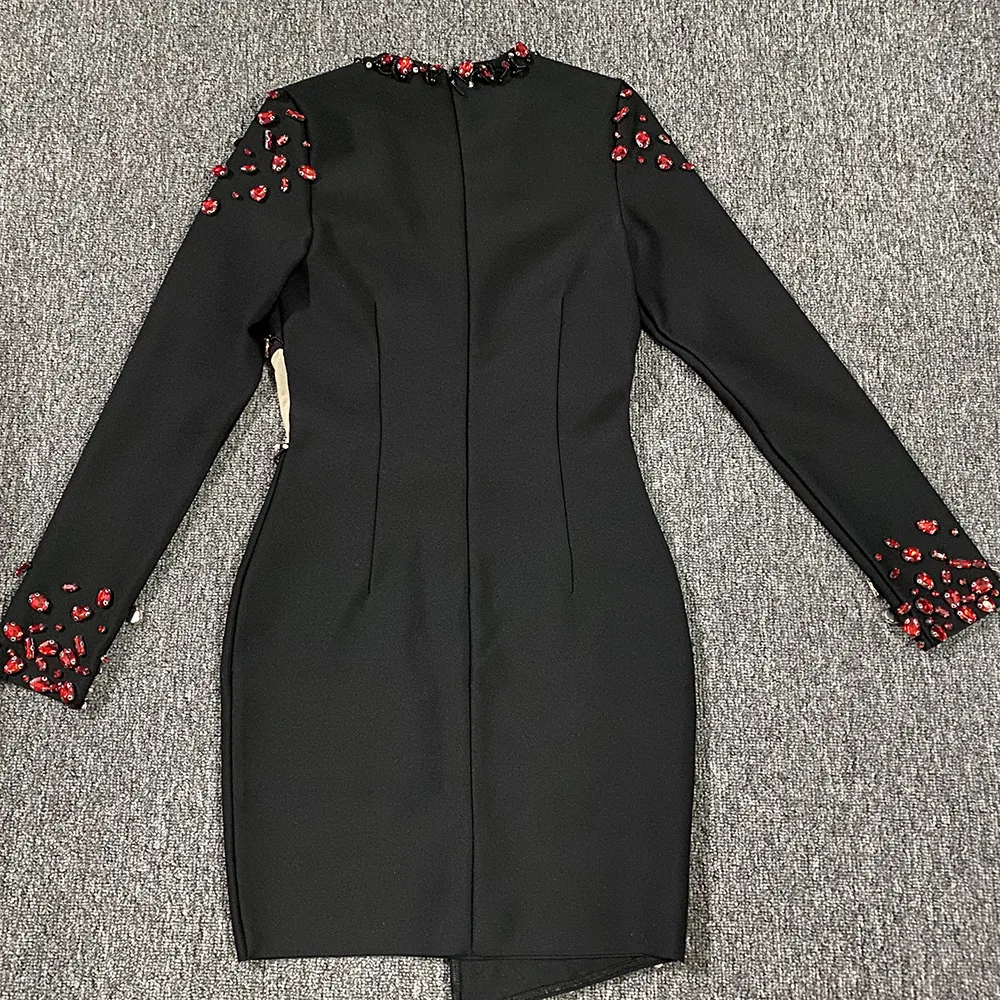Femmes à manches longues robe Bandaeg rouge cristal découpé maille incrusté col en V profond moulante Mini haute rue soirée Club robes de soirée