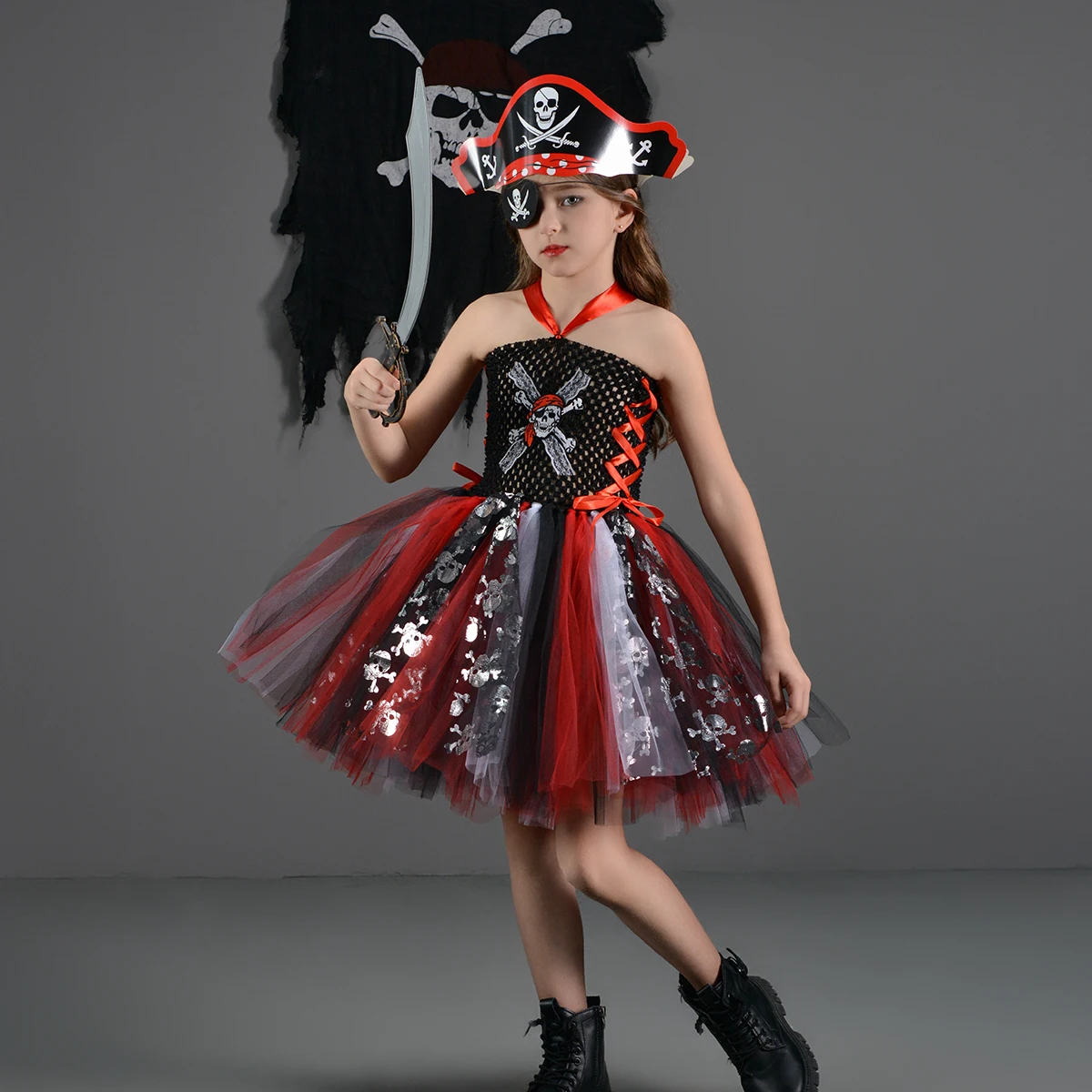Halloween Girls Pirate Cosplay Costume Red Black Kids Pirate Skull Tutu Dress Children Carnival Party Princess Dress Up Clothes