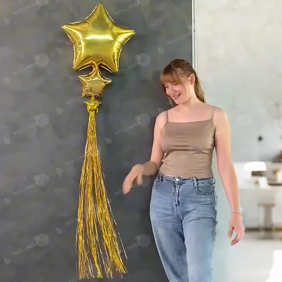 Fünfzackiger Stern-Ballon und Quasten-Regenvorhang-Set, Mehrgrößen-Pentagramm-Ballon, für Geburtstagsfeiern, Hochzeiten, Babypartys – Detail 5