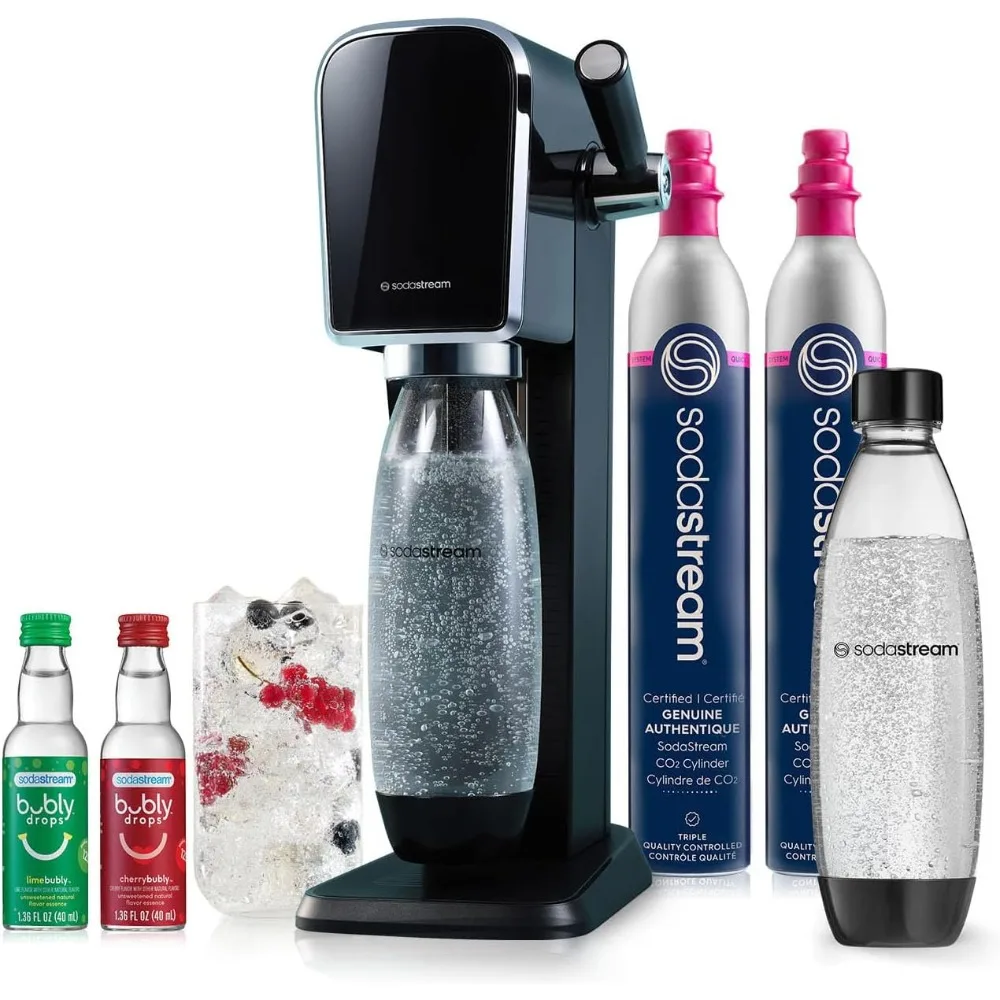 Art Sparkling Water Maker Bundle (Black), with CO2, DWS Bottles, and Bubly Drops Flavors