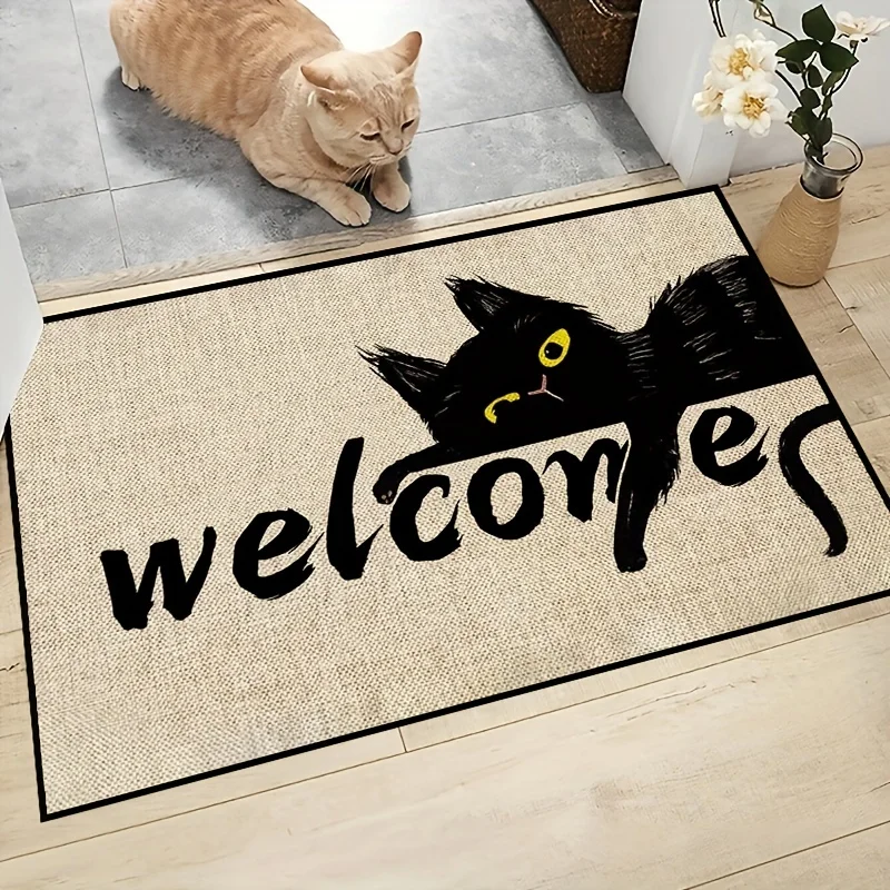 1Pc Cat Pattern Welcome Mat Dirt Resistant Indoor Outdoor Floor Rug Washable Home Decore Carpet Bedroom Bathroom Kitchen Balcony