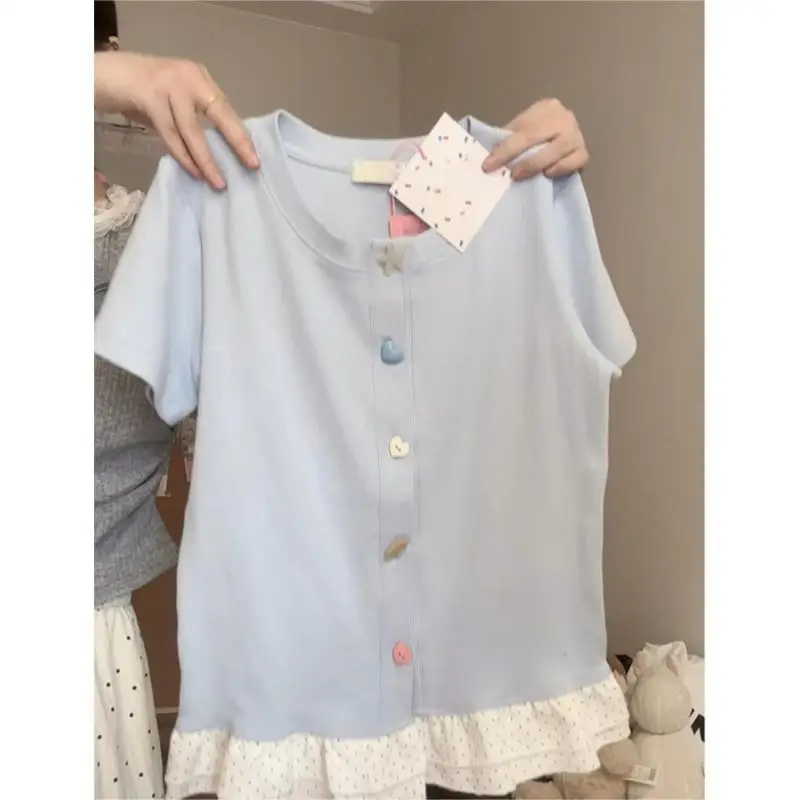

Women Clothes Summer Korean Fashion Button Color Blocking O-neck Simplicity All-match Fashionable Polka Dot Short Sleeve Top Tee