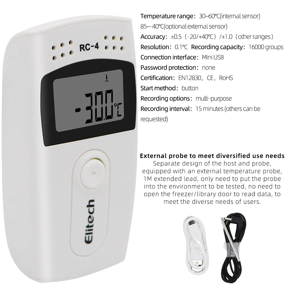 RC-4 USB Temperature Data Logger Pool Thermometer with Probe Digital Recorder Test Instruments Built-In NTC Sensor for Swimming