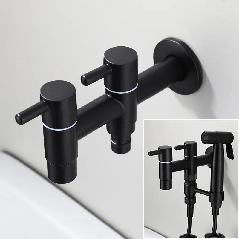 Stainless Steel Black Washing Machine Faucet Double Water Outlet 1 in 2 out Dual Bibcock Outdoor Garden Bathroom Toilet Mop Tap