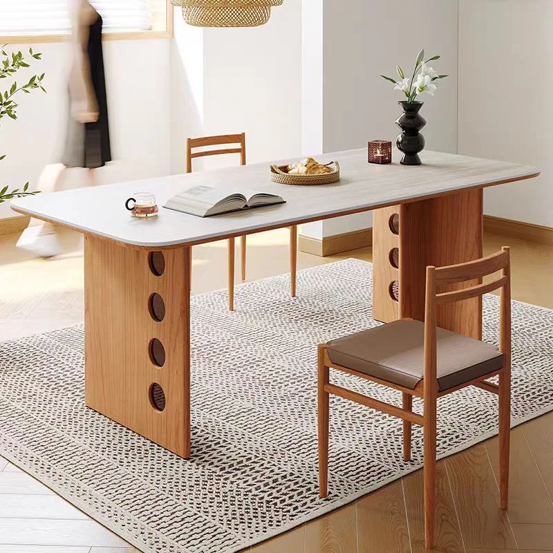 

Nordic medieval style travertine rock slab dining table solid wood simple household small apartment designer retro log style din