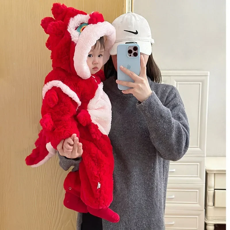 2025 Baby Winter New Year's Suit Female Jumpsuit Plus Fleece Thickened Sweater Male Baby Super Cute Red New Year's Crawling Suit