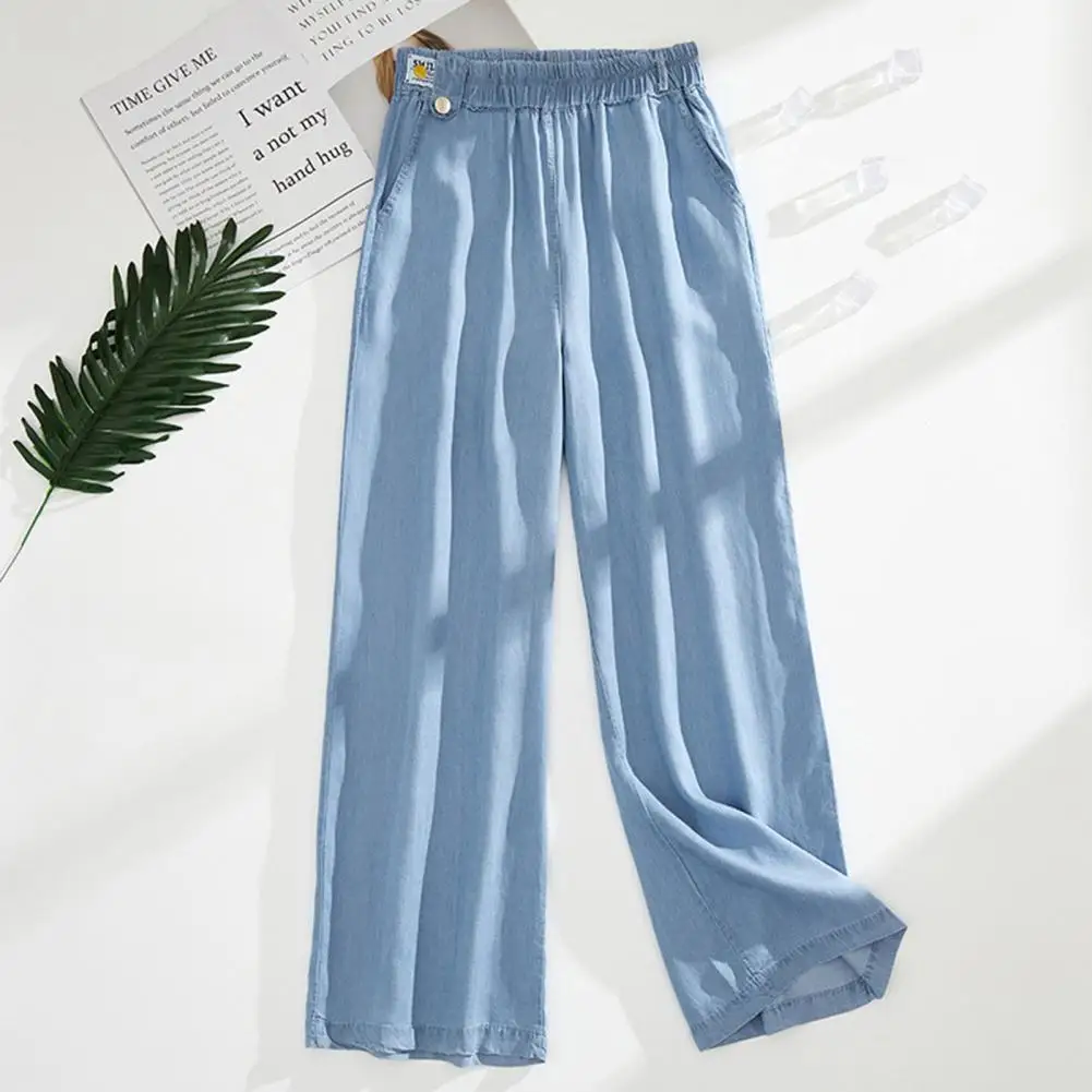 Women Trouser Super Soft High Waist Solid Color Breathable Fine Texture Decorative Lightweight Summer Women Straight Baggy Denim