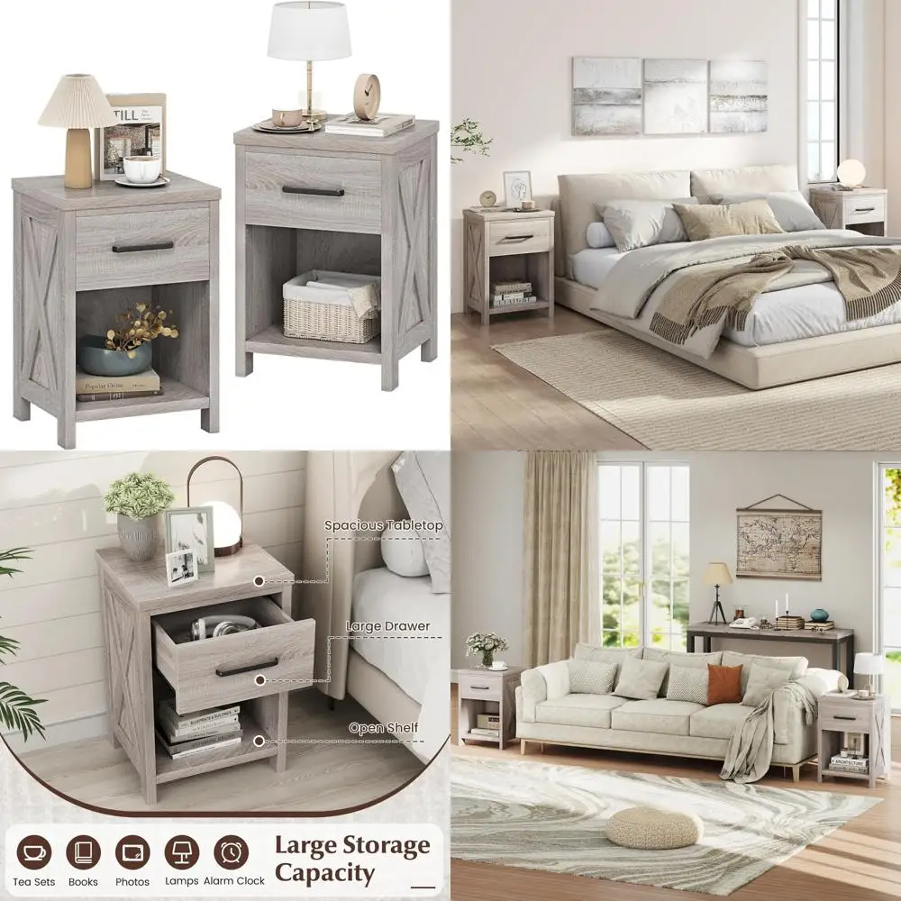 farmhouse nightstand set of 2, wooden bedside table with storage drawer & open shelf, end side table, rustic night stand for sm