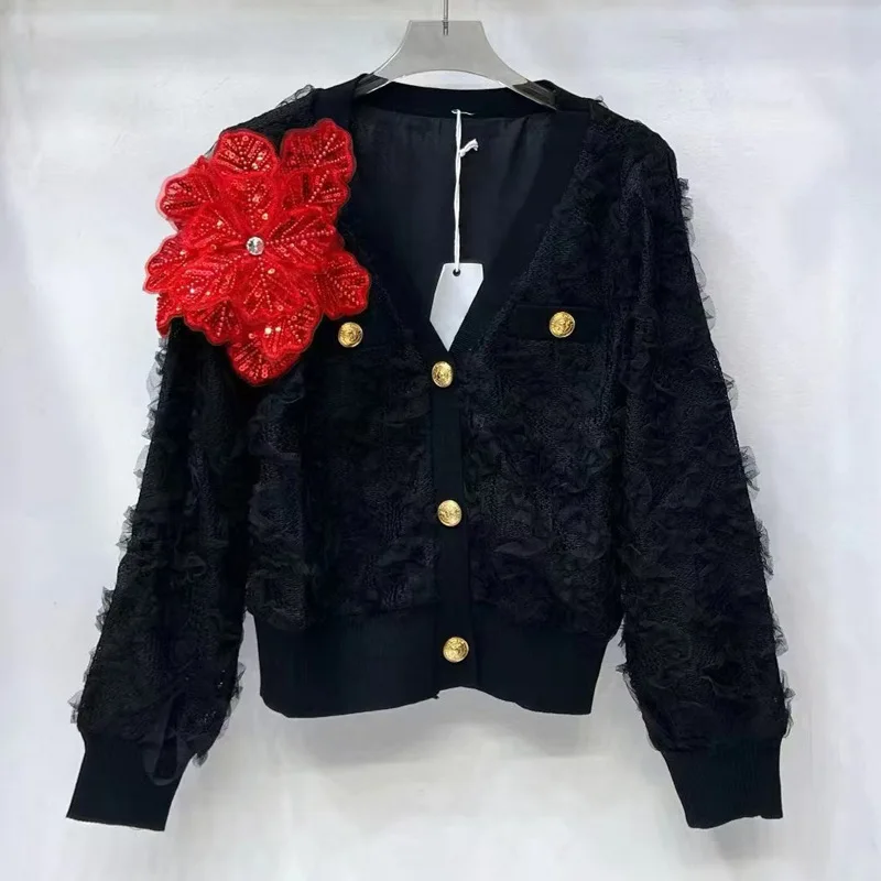 

New Fashion Heavy Crochet V-Neck Single-Breasted Floral Cardigan Design Versatile Loose Long Sleeve Top For Women Trendy
