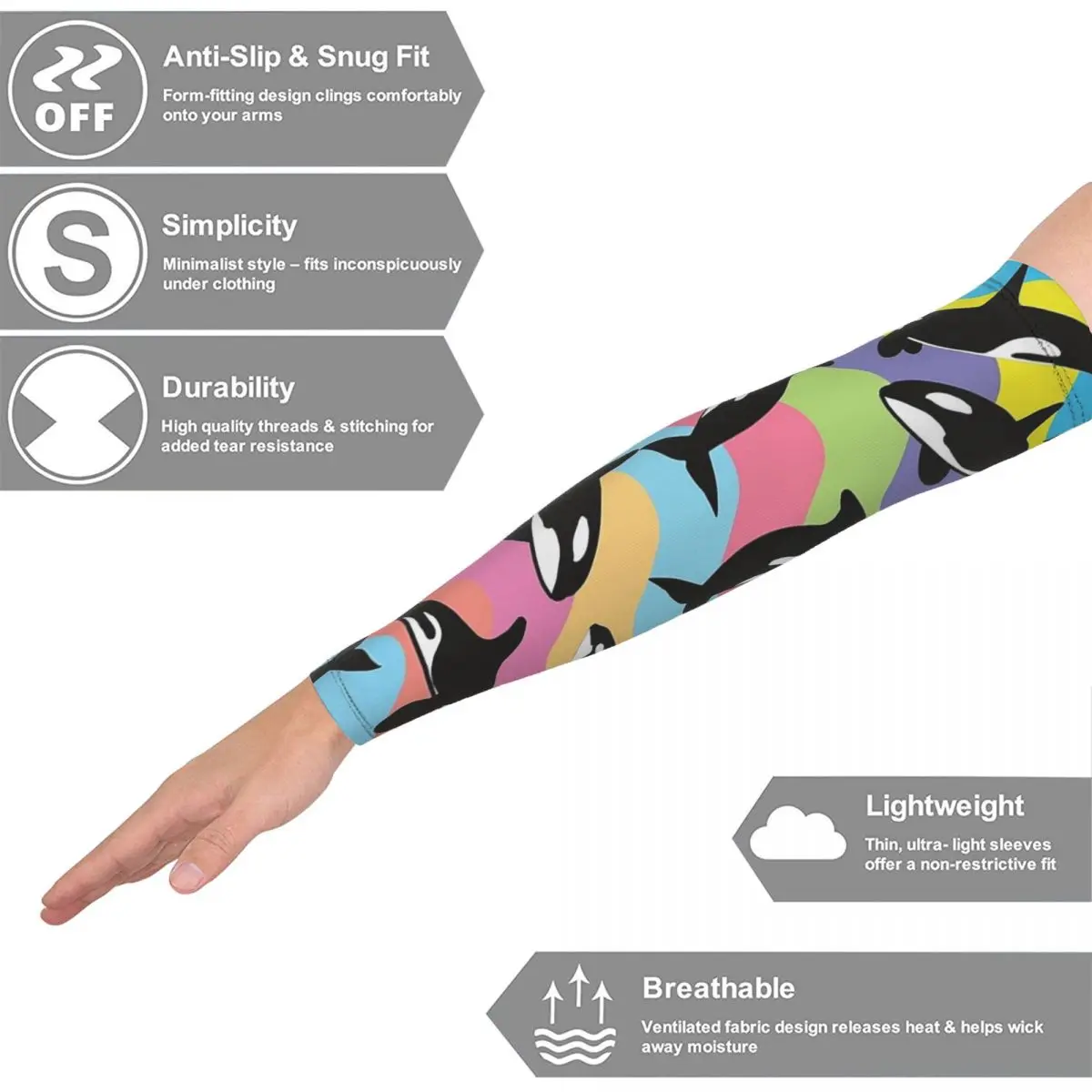 Orca Killer Whale أكمام أذرع تبريد خارجية من الشمس فوق البنفسجية غطاء حماية صيفي لركوب الدراجات وأكمام وشم