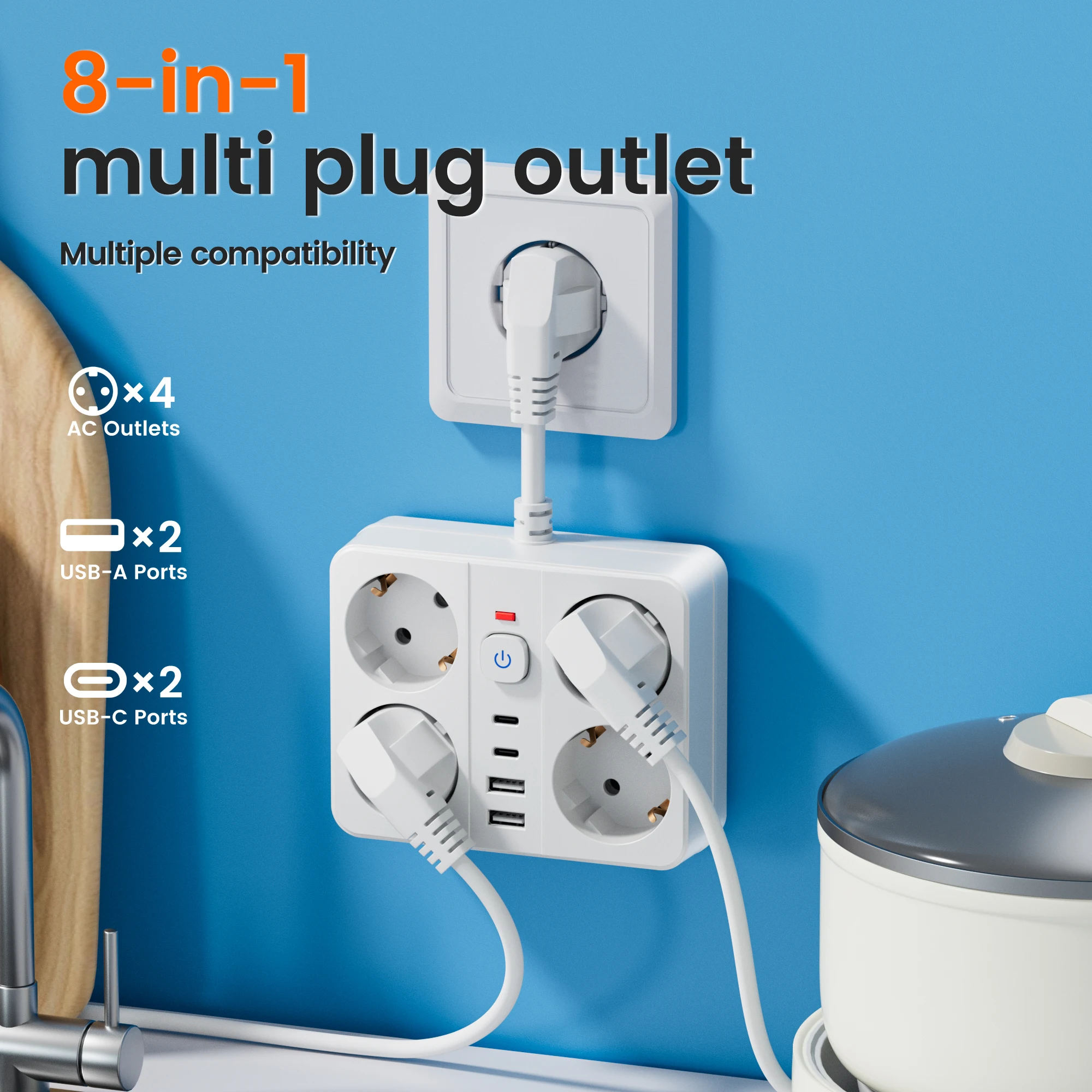 واقي عرام قطاع الطاقة 8 في 1: 4 منافذ تيار متردد ومنافذ USB و2 USB-C لشريط الطاقة الأساسية للمكتب المنزلي مع منافذ USB،